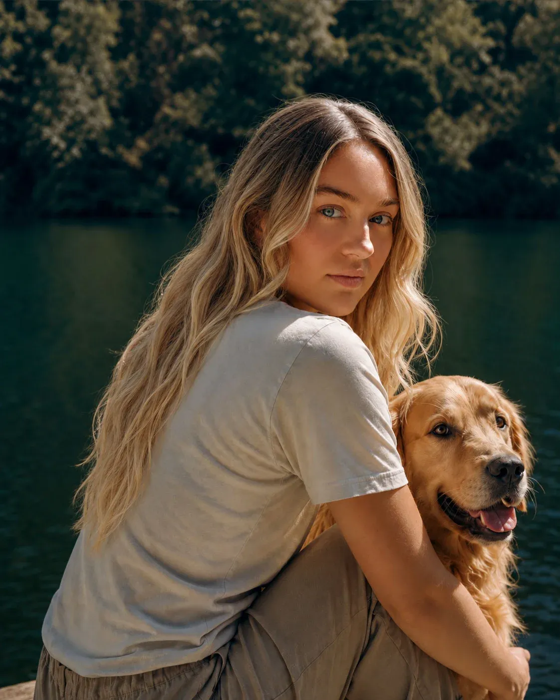 A woman with long blonde hair holding a golden retriever, standing by a lake